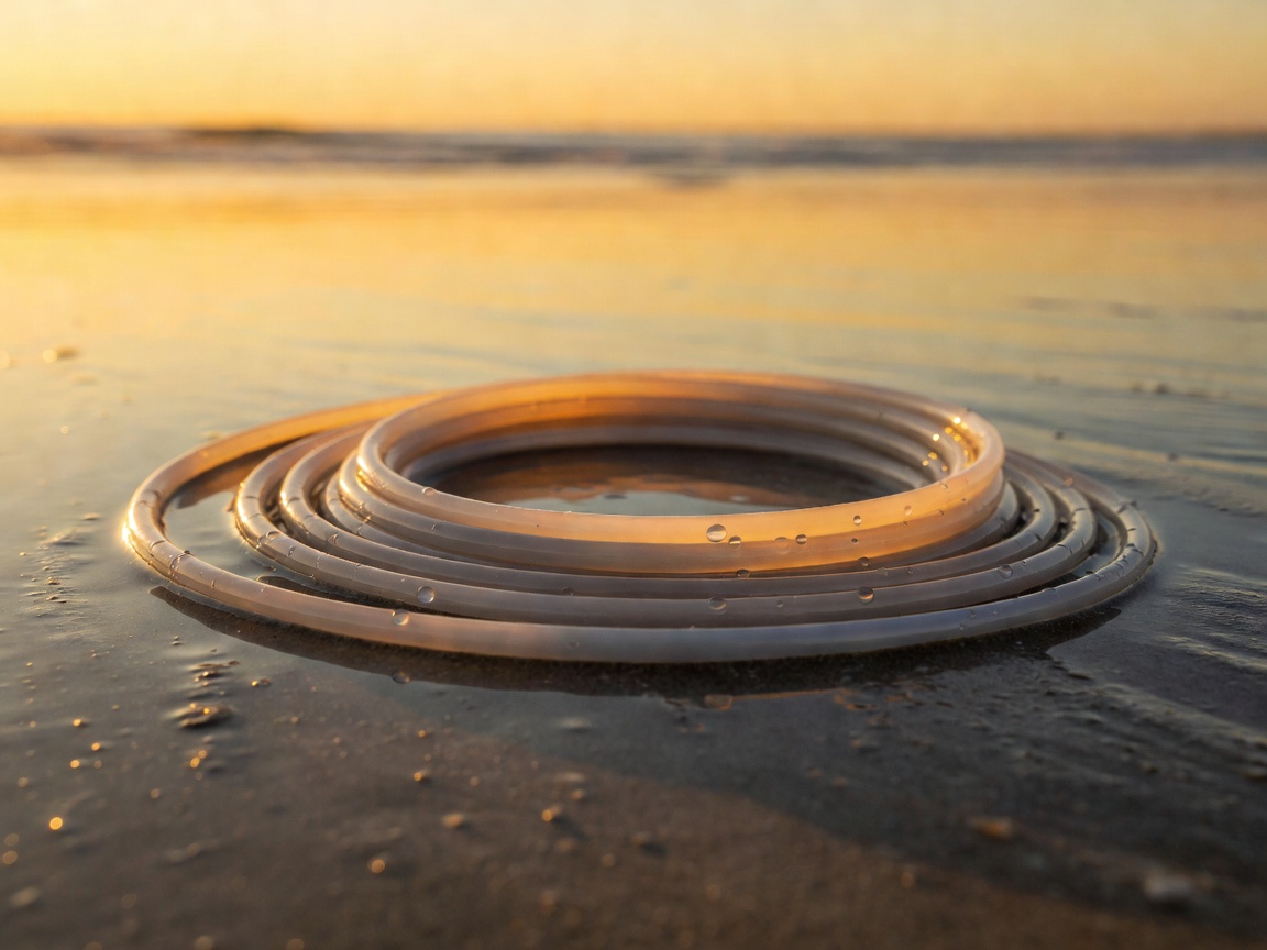 Coiled surf leash with stainless swivel on wet sand, shallow depth of field