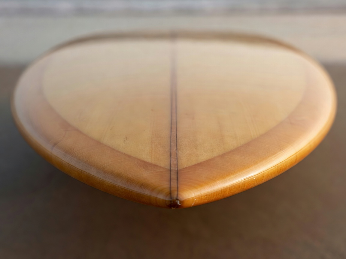 Rounded nose of a cream single-fin longboard with soft rolled rails and resin gloss
