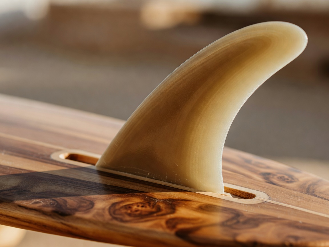 Large single fin set in a longboard fin box, close-up with shallow focus