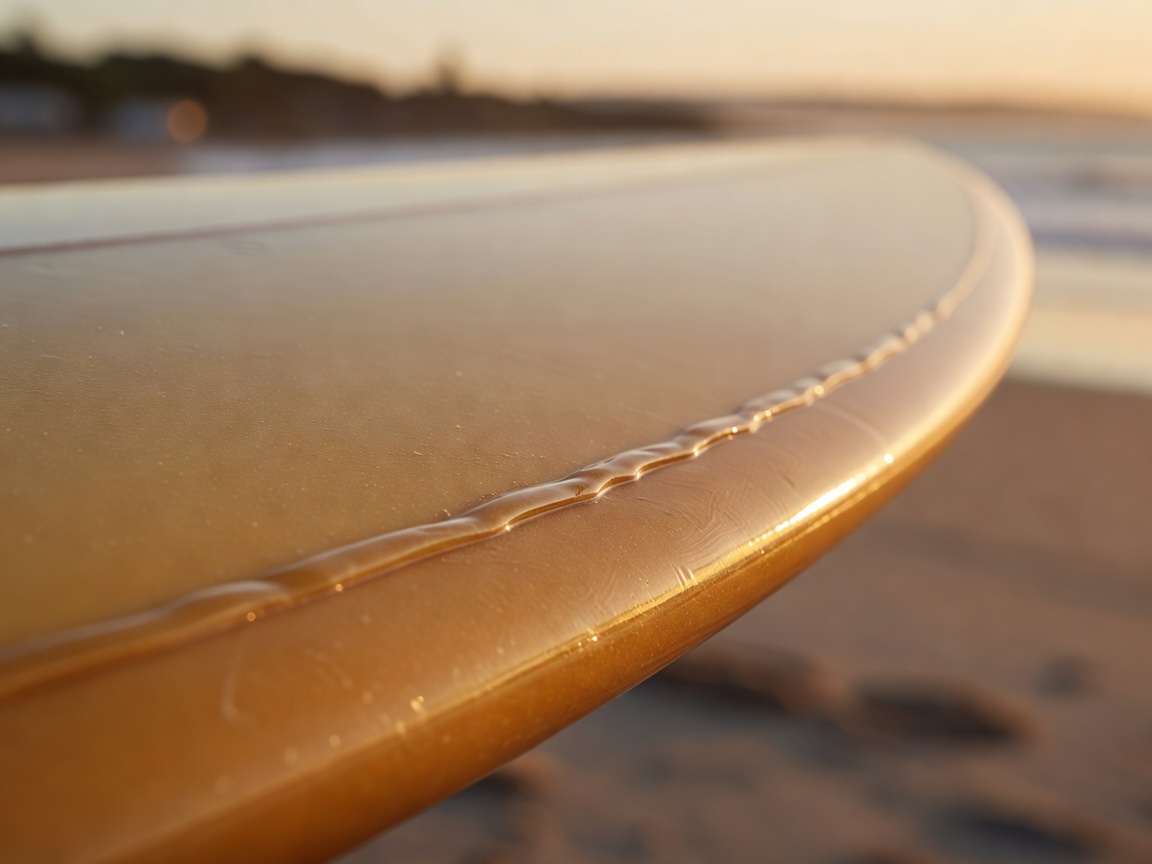 Detail of glassing lap line along the rail of a mid-length surfboard in warm evening light