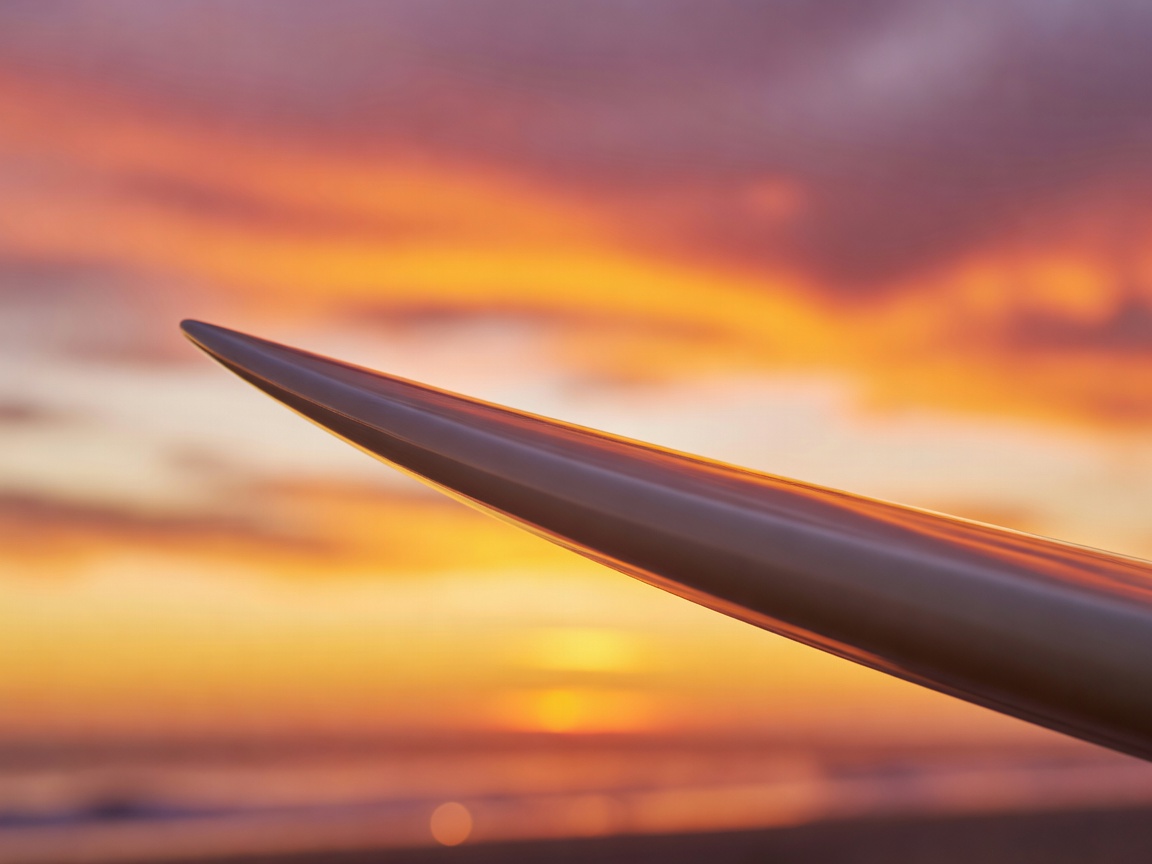 Surfboard rail edge against a sunset sky, shallow depth of field