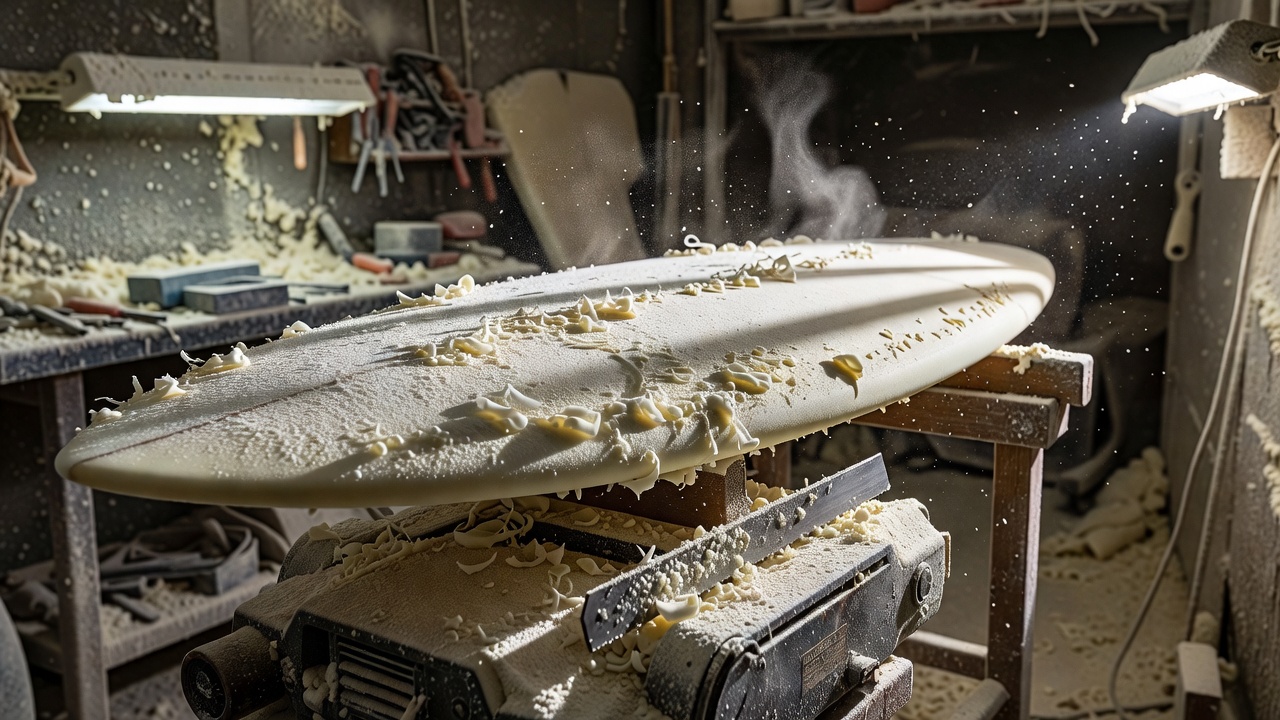 Foam dust on a surfboard blank under the side lights of a shaping bay, close-up