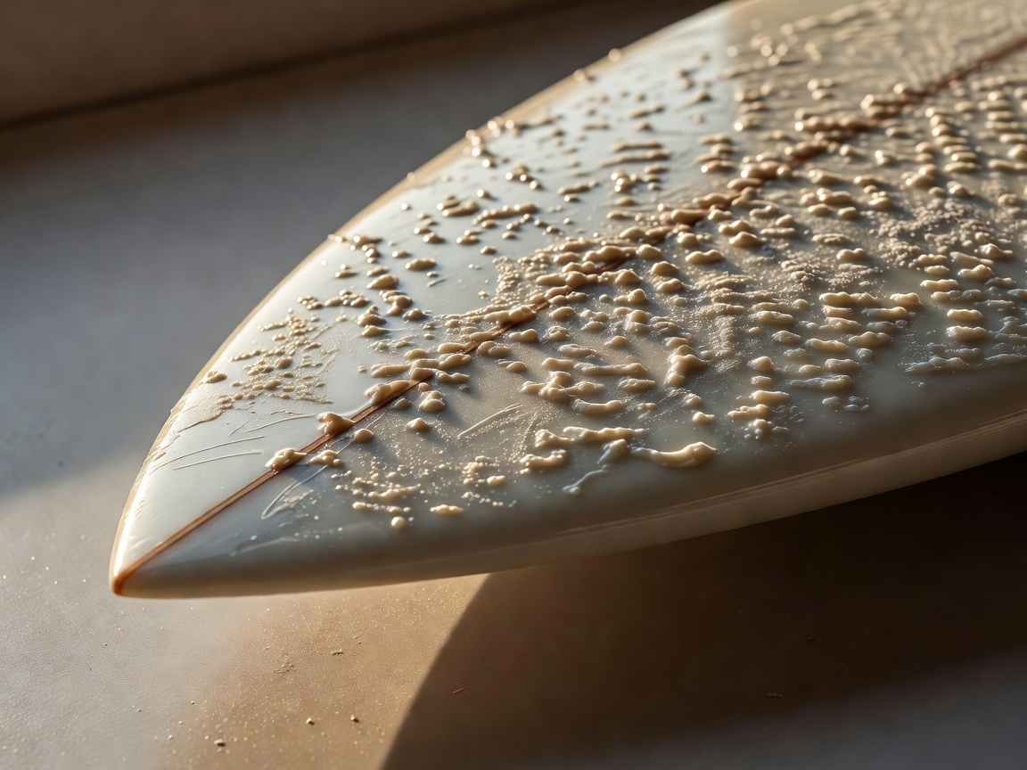 Pointed shortboard nose with fresh wax bumps catching side light
