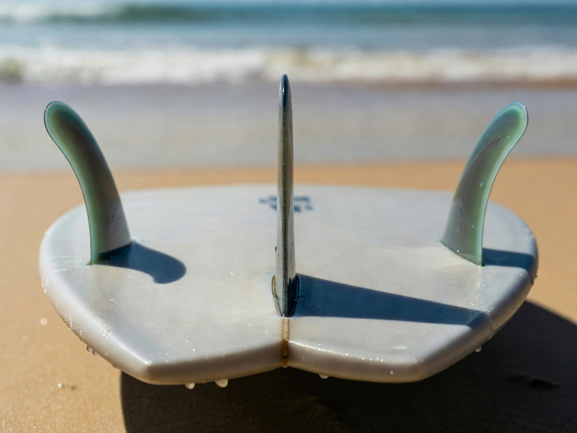 Squash tail of a performance shortboard with three thruster fins, water droplets on the glass