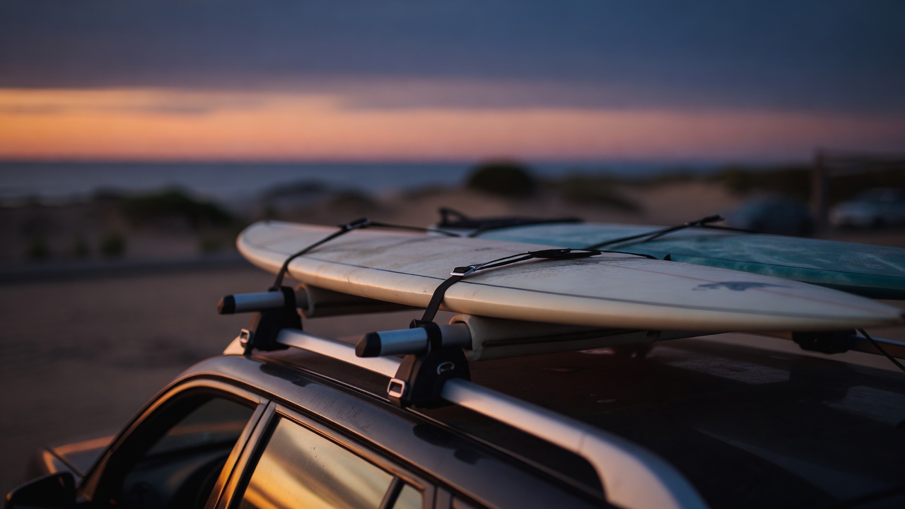 Rails of two surfboards strapped to a car roof rack at dusk, shallow focus