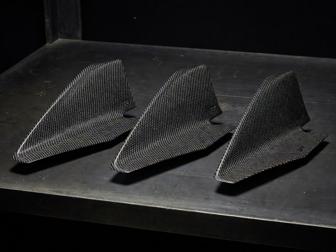 Three carbon-pattern thruster fins laid side by side on a dark workbench