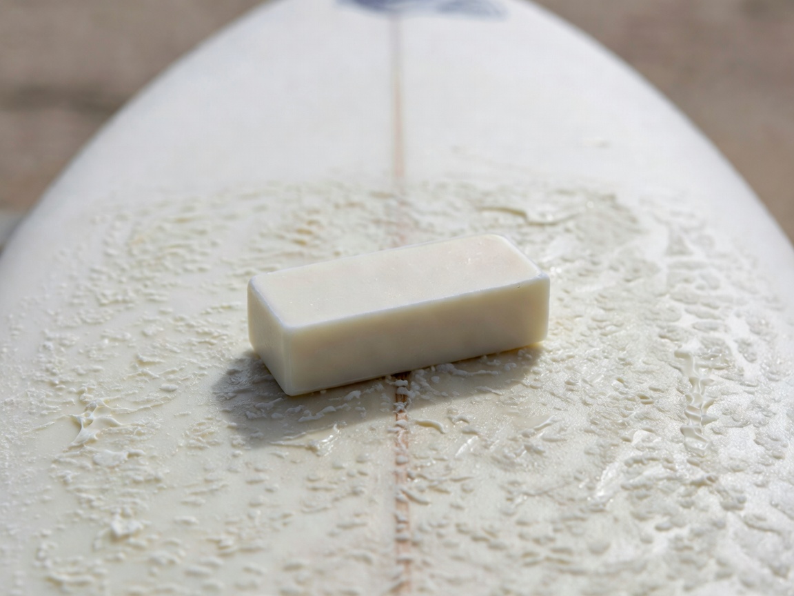Bar of surf wax on a surfboard deck with fresh wax bumps in sharp focus