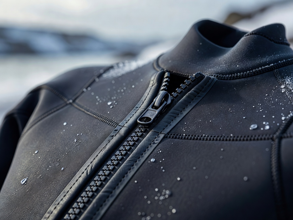 Chest-zip entry on a winter wetsuit with sealed seams, shallow depth of field