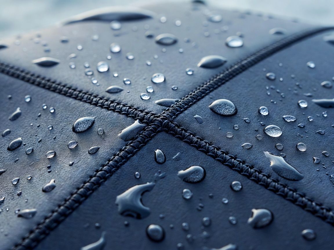 Glued and blind-stitched wetsuit seam on black neoprene, extreme close-up